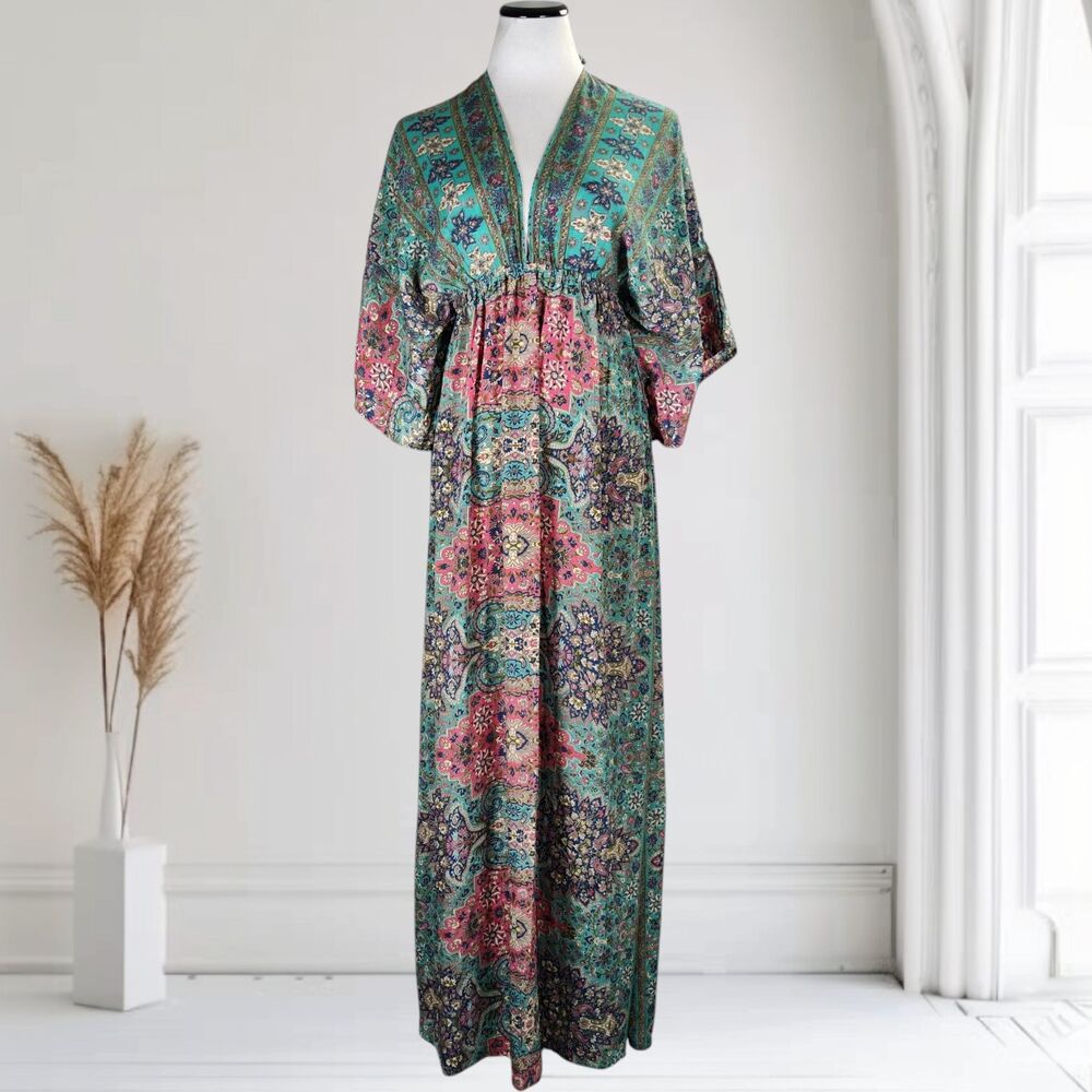 Karma Highway Boho Maxi Dress OS Blue Paisley Viscose Satin Drawstring Sleeve
